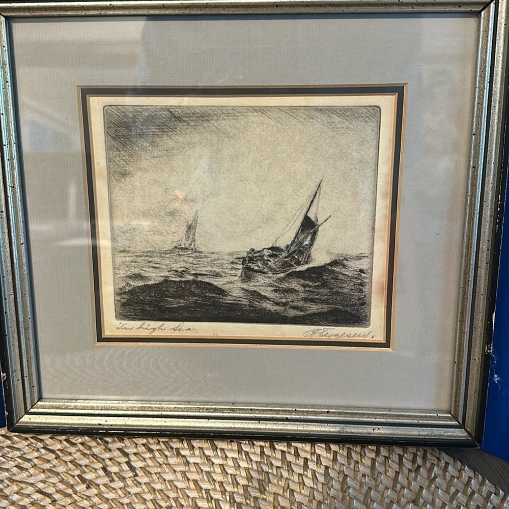 Vintage Framed Nautical Etching Entitled “The High Sea” Signed by Artist